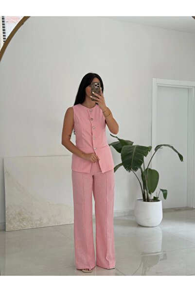 Myra طقم بنطلون كارما بأزرار كتان - وردي