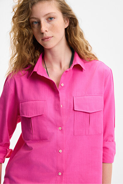 GRIMELANGE Rigo Women Shirt Collar Long Sleeve Regular Long Slim Fuchsia Shirt