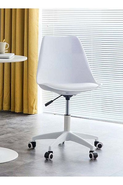 Taimi Plastic Home Office Chair, Rolling Chair With Wheels, Height Adjustable Armless Rolling Chair White