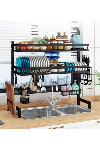 Un منظم و حامل أطباق فوق الحوض بمستويين من الفولاذ المقاوم للصداء - الحل المث...