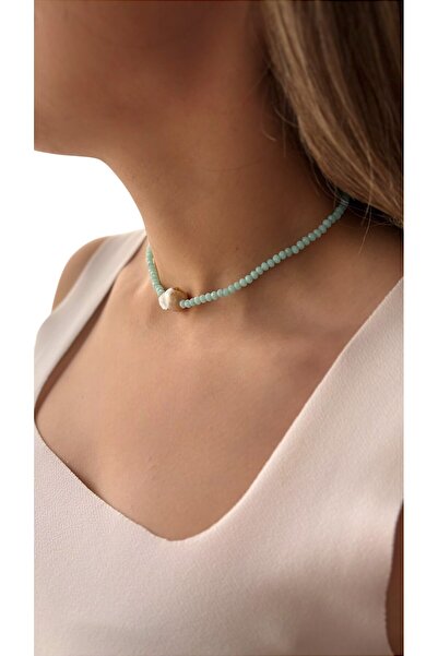 By Saadet Özkanlı Kadın Kadın Beyaz Mavi Kristalli Barok Incisi Kolye