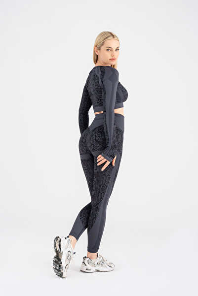 GYMXPRO Süper Esnek Push-up Detaylı Yılan Desenli Spor Uzun Kollu Takım