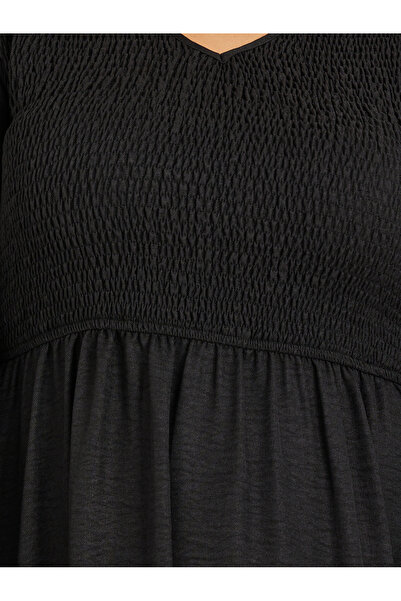 Styli Plus Size Solid Long Sleeves Smocked A-Line Maxi Dress