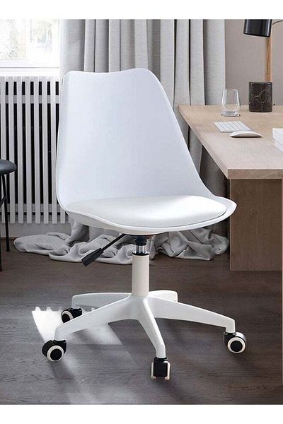 Taimi Plastic Home Office Chair, Rolling Chair With Wheels, Height Adjustable Armless Rolling Chair White