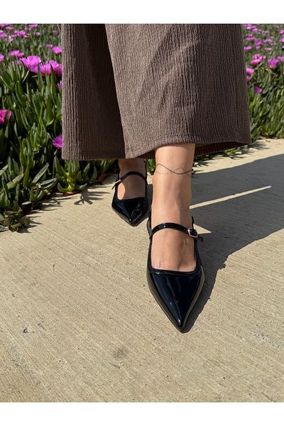 BURCU COLLECTİON Carmen Pointed Toe Belt Detailed Short-Heeled Black Patent Leather Women's Ballerinas