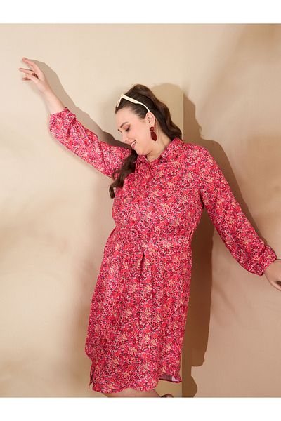 Sassafras By Styli Plus Size Floral Print Knee Length Shirt Dress