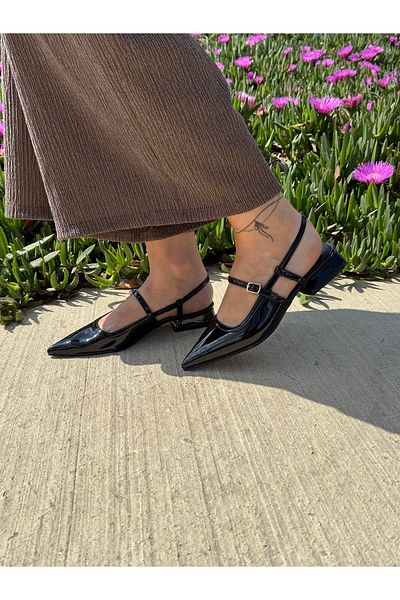 BURCU COLLECTİON Carmen Pointed Toe Belt Detailed Short-Heeled Black Patent Leather Women's Ballerinas