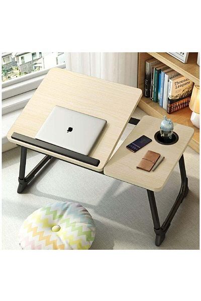 Saharaz Multifunctional Folding Computer Table, Non-slip, 5-level Adjustable Height, With Cup Holder, Beige