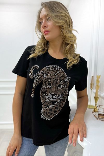 RICH GLAM Tiger Crystal Stone Plus Size Crew Neck Cotton Black Stylish Women's Blouse Short Sleeve T-Shirt T-Shirt