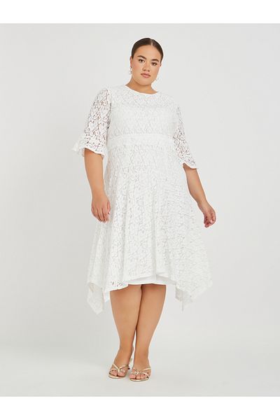 Styli Plus Size Lace High Neck Asymmetric Hem A-Line Midi Dress