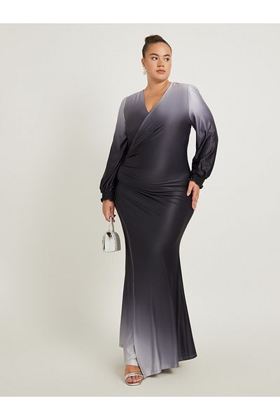 Styli Plus Size Ombre Print Gathered Detail Wrap Maxi Dress