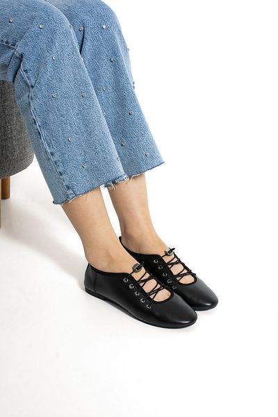 Getcho Santa Women's Black Ballerina Shoes with Lacing Detail