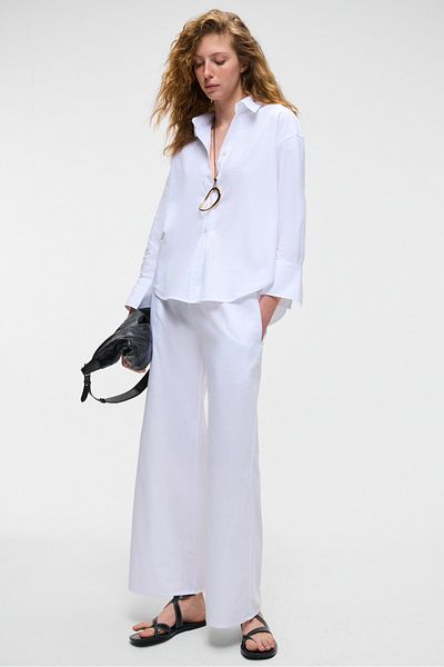 GRIMELANGE Ubana Women's 100% Cotton Linen Look Flamli Mid Waist Wide Leg Comfortable White Trousers