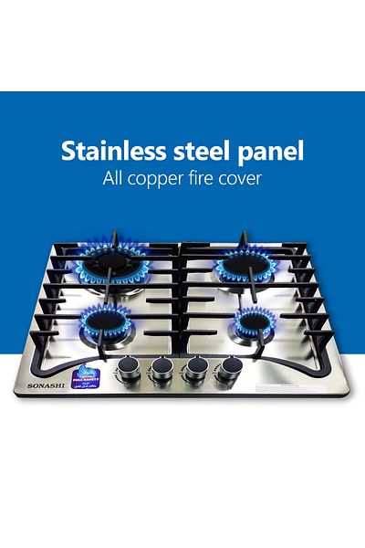 sonashi 4-burner Gas Hob - 60 Cms | Featured With Front Control Panel And Cast Iron Pan Stand | Gas Hob With