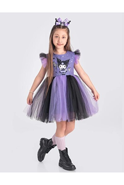 Genel Markalar Kız Çocuk Kuromi Temalı Mor Tül Elbise