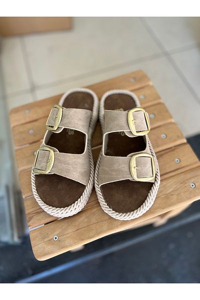BENİM O AYAKKABI Women's Rope Wrapped Soft Comfortable Sole Double Buckle New Season Slippers Sandals Skin-Beige