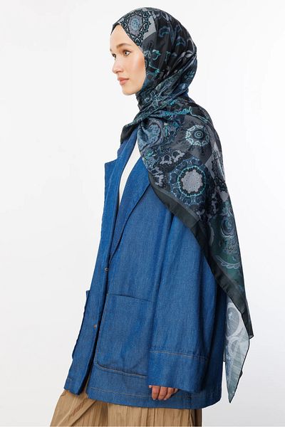 Mooncorn Βαμβακερό σάλι με μοτίβο Navy Blue Solhar