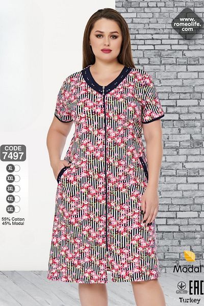 ROMEO LİFE Women's Large Size Cotton Modal Fabric Zippered Patterned Summer Dress 7497