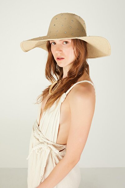 Axesoire 14556 Μπεζ Φαρδύ Ψάθινο Καπέλο με Πλήρη Διακόσμηση από Πέτρες