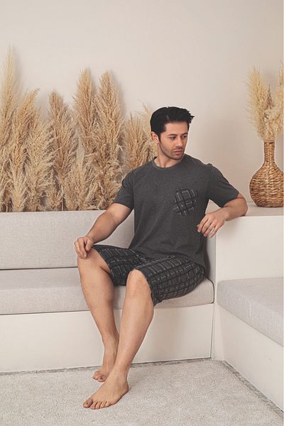 Huq Moda Ανδρικό σορτς Anthracite κοντομάνικο καρό χτενισμένο βαμβακερό ύφασμα εποχιακό σετ πιτζάμες