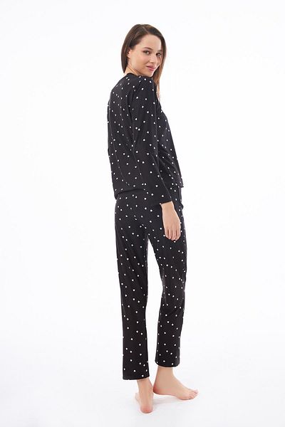 Cottonhill Premium Summer Women's Pajamas Set Black Heart Pattern Soft Textured Crew Neck Long Sleeve