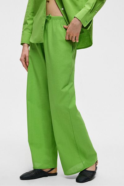 GRIMELANGE Ubana Women's 100% Cotton Linen Look Flamli Mid Waist Wide Leg Comfortable Green Trousers
