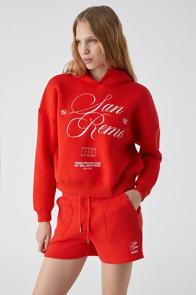 GRIMELANGE Tacna Women's Hooded Long Sleeve Oversize Red Sweatshirt