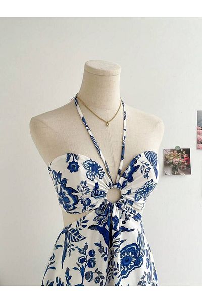 Ceylen Flower Pattern Straples Neck Lacing Detailed Cutout Mini Dress