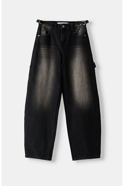 LAMİRAMOOD Μαύρο Super Baggy Jean παντελόνι με επιτραπέζια μπάγκα διπλής ζώνης ρυθμιζόμενο φαρδύ πόδι Super High Waist Kdi