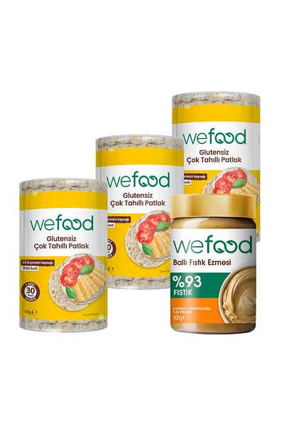 Wefood Sugar-Free Raw Honey Peanut Butter 300 Gr + Wefood Gluten-Free Multigrain Patlak 100 Gr 3-Pack