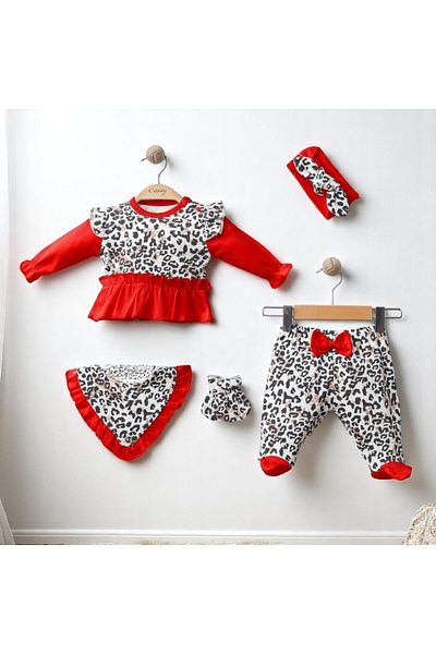 MİLAYS LİFE HOME COLLECTİON Baby Girl Leopard Print 0-3 Months Set of 5 100% Cotton