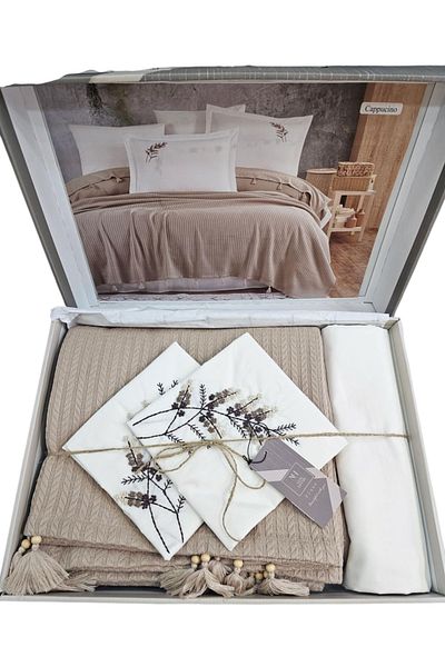 KÜBRAHOME'S New Home Tasseled Double Person Pi̇ke Set Cappi̇cuno