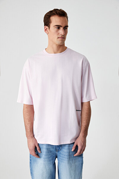 GRIMELANGE MAINE Ανδρικό κέντημα με λεπτομέρεια 100% οργανικό βαμβάκι Oversize Crew λαιμόκοψη ροζ μπλουζάκι