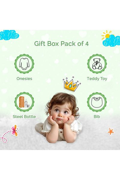luay Premium Gift Box Set with Onesie, Feeding Bottle, Baby Bib and Teddy Bear for Babies (9-12 M)