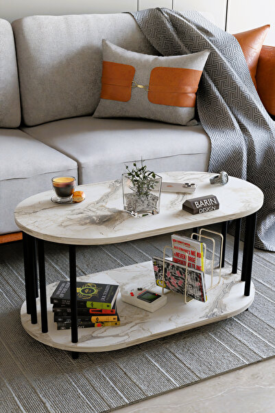 BARIN DESIGN Modern Oval Orta Sehpa Çift Katlı Metal Ayaklı Salon, Ofis, Deko...