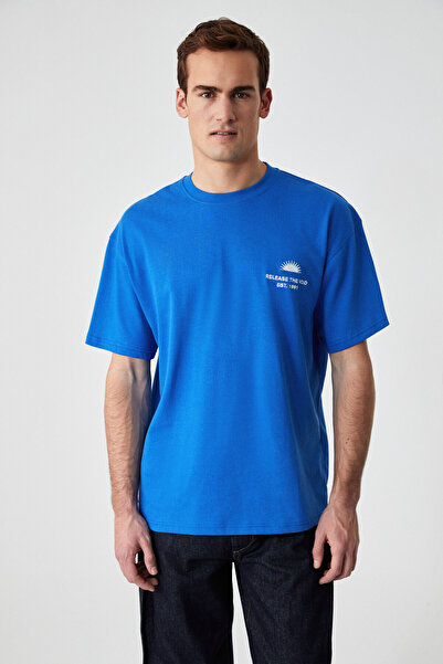 GRIMELANGE Чоловіча футболка KHARY з вишивкою та детальним вишиванням, 100% органічна бавовна, оверсайз, з круглим вирізом, саксофонного синього кольору