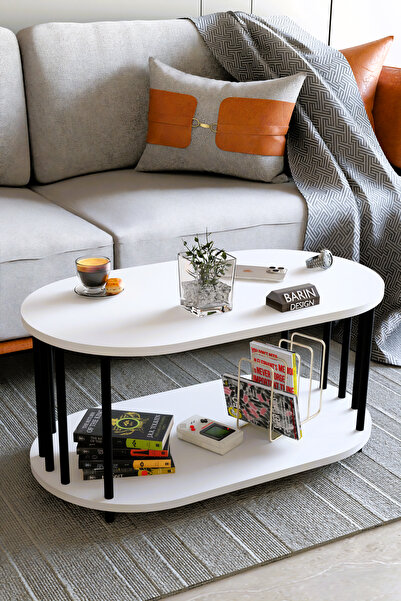 BARIN DESIGN Modern Oval Orta Sehpa Çift Katlı Metal Ayaklı Salon, Ofis, Deko...