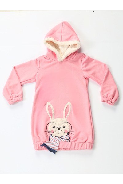 Casabony Bunny Soft Kapişonlu Pembe Kız Çocuk Elbise