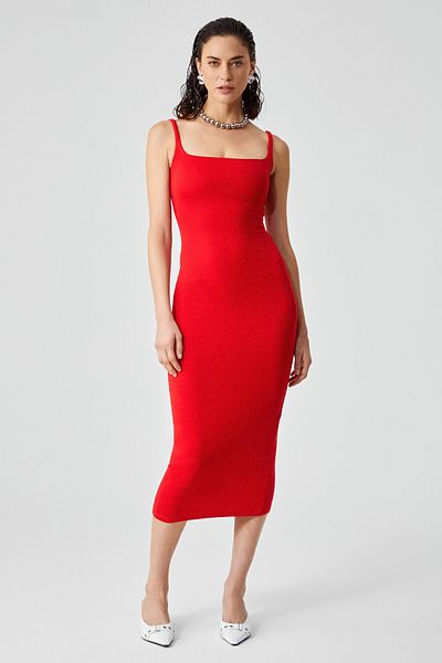 GRIMELANGE Rinia Women's Slim Fit Wide Collar Strap Red Dress