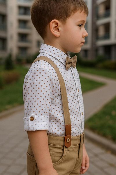 Esterella Square Patterned Boy's Suit / Slopet Strap and Bow Tie / Shirt Pants / Boy's Suit