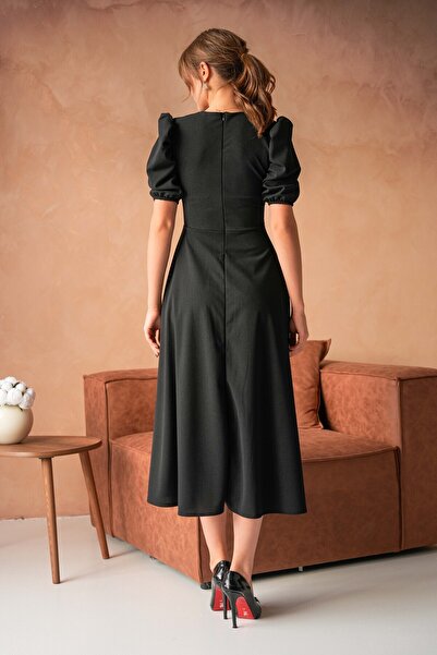 vuvutasarım Esnek Krep Kumaş Balon Kol Yuvarlak Yaka Midi Boy Kloş Siyah Elbise 092