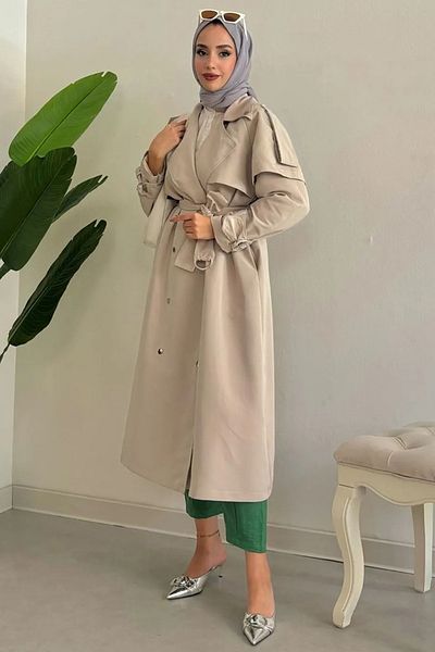 Tesettür Diyarı 120cm Cream Trench Coat - Snap Detail and Lined, 38-44 Compatible