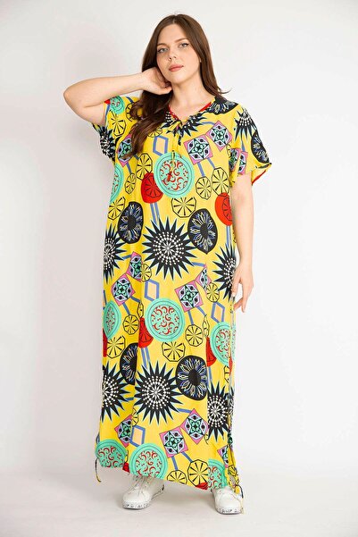 Şans Women's Yellow Plus Size Woven Viscose Fabric Long Dress with Collar and Slit Lace Detail 65n36382