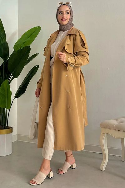 Tesettür Diyarı Camel Colored Trench Coat - Snap Detail and Lined, 120cm, 38-44 Compatible
