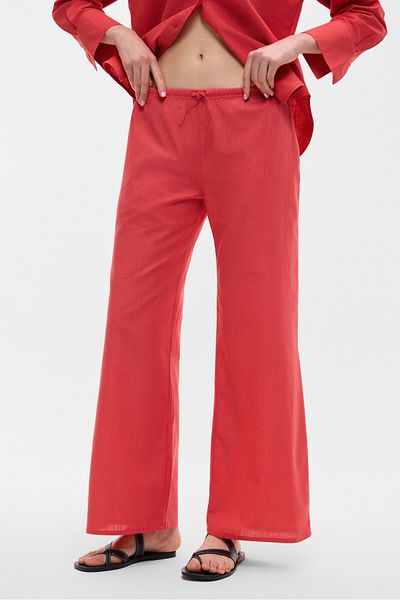 GRIMELANGE Ubana Women's 100% Cotton Linen Look Flamli Mid Waist Wide Leg Comfortable Red Pants