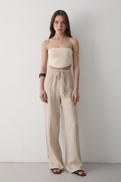 JASTE Women's Beige Elastic Waist Lace-Up Linen Trousers