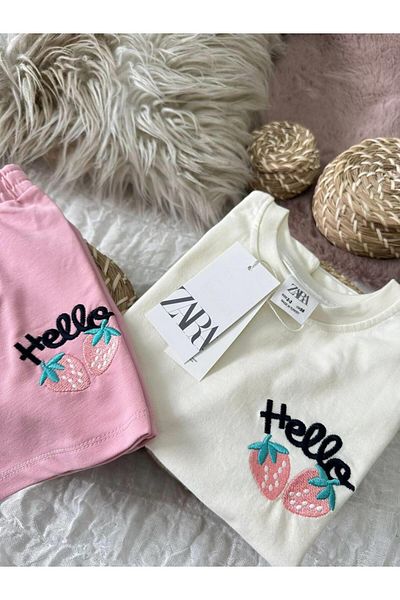 Bebeelkids Girl's Hello Printed Strawberry Detailed 2-Piece Set