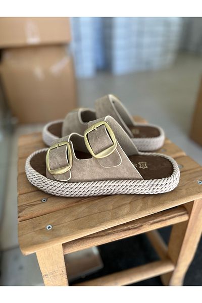 BENİM O AYAKKABI Women's Rope Wrapped Soft Comfortable Sole Double Buckle New Season Slippers Sandals Skin-Beige