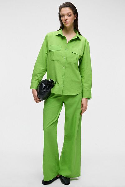 GRIMELANGE Ubana Women's 100% Cotton Linen Look Flamli Mid Waist Wide Leg Comfortable Green Trousers