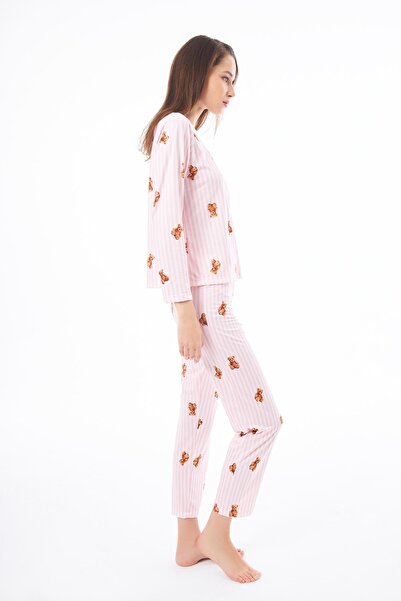 Cottonhill Premium Kadın Pijama Takımı Krem Ayıcık Desenli Yumuşak Dokulu Bisiklet Yaka Uzun Kollu